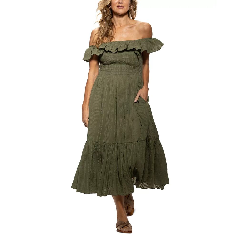 Dotti Women's Cotton on/Off-the-Shoulder Cover-up Dress Olive Size M 0638